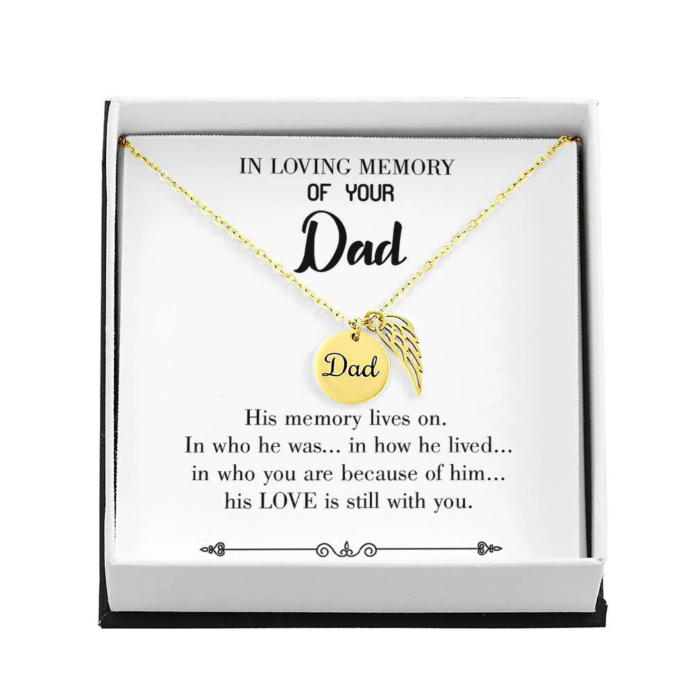 His Memory Lives Dad Angel Wing Necklace Gold Finish Luxury Box